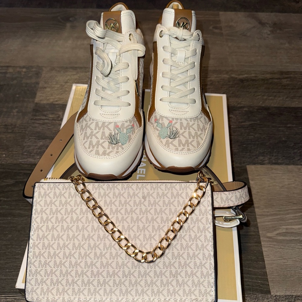 Michael Kors Cream and Gold Sneakers with Bag